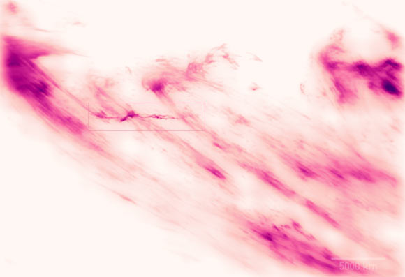 This image is a snapshot from a 16-minute time-lapse movie showing the formation and collapse of a complexly shaped plasma stream traveling at almost 100 km per seconds in front of a coronal loop system. This is likely the first time such a stream, which the scientists refer to as plasmoid, has been observed, leaving them wondering about the physical explanation of the observed dynamics. This image was taken by the Goode Solar Telescope at Big Bear Solar Observatory using the new coronal adaptive optics system Cona. The image shows the hydrogen-alpha light emitted by the solar plasma. The image is artificially colorized, yet based on the color of hydrogen-alpha light, and darker color is brighter light. Image credit: Schmidt et al. / NJIT / NSO / AURA / NSF.